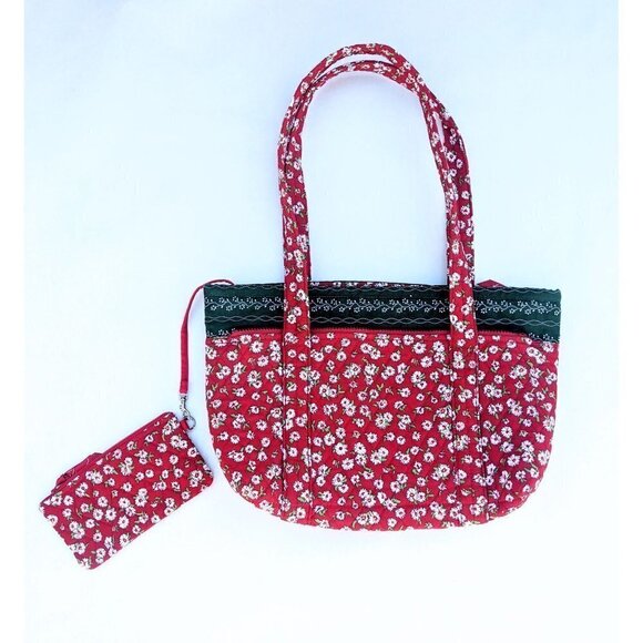 Kim Rogers Festive Red Green Quilted Cotton Bag w/ Wallet Forget Me Not Floral - Picture 1 of 6